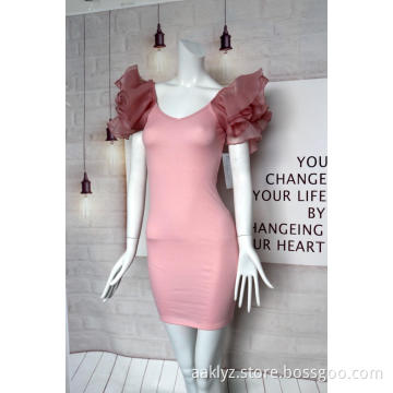Women's Pink V-neck Dress With Organza Sleeves